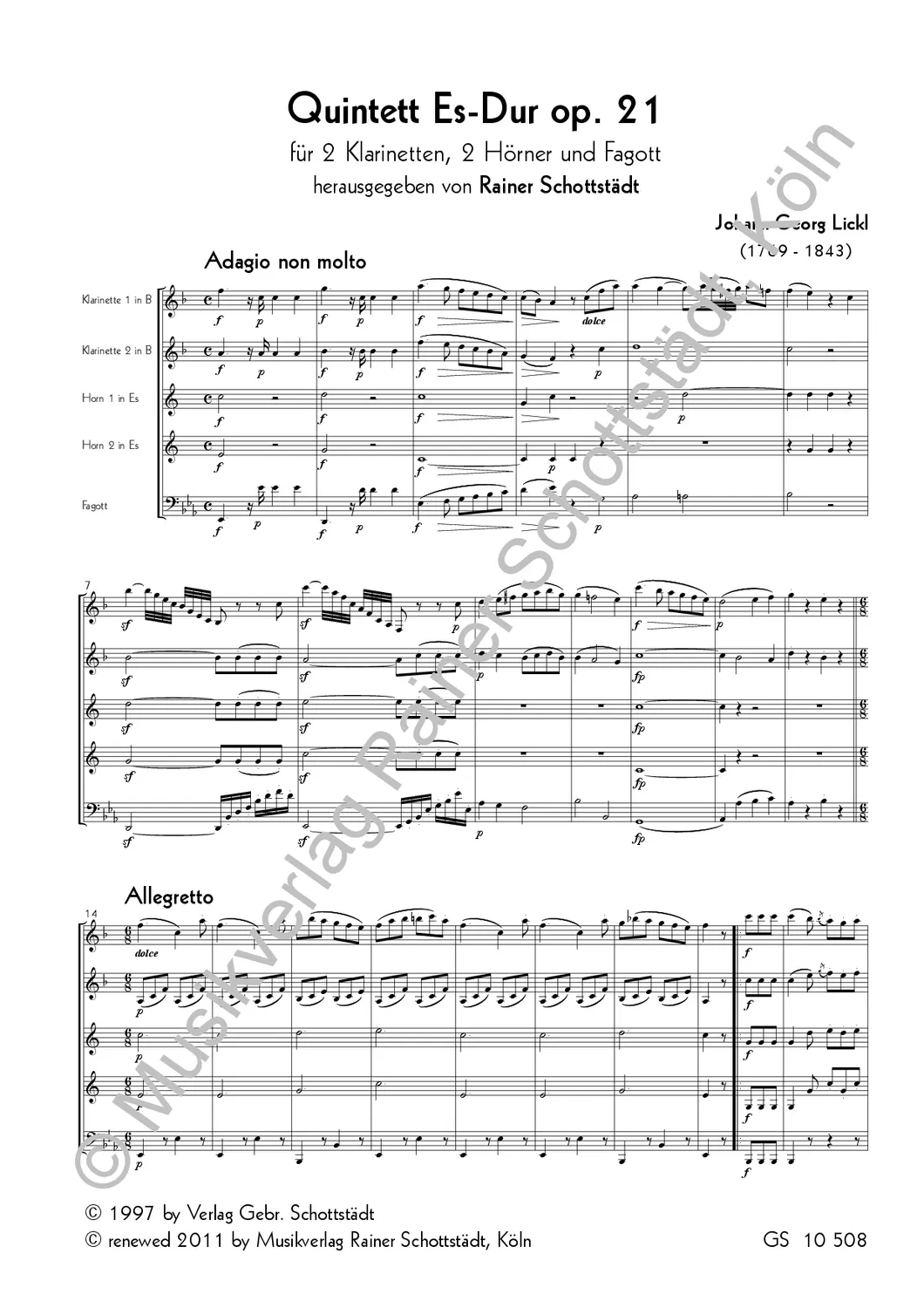 Musikverlag Rainer Schottstädt Quintett Es-dur op. 21 Noten