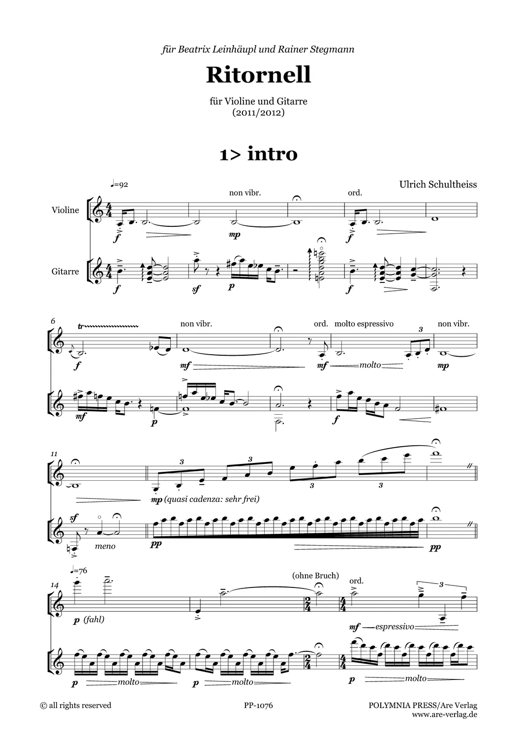 Are Musik Verlag Schultheiss Ritornell Violine Gitarre Noten