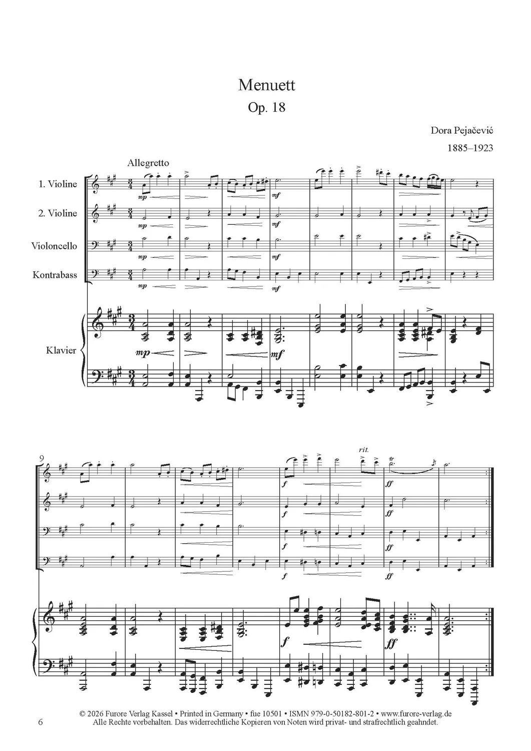 Furore Edition Salonmusik für 2 Violinen, Cello, Kontrabass und Klavier