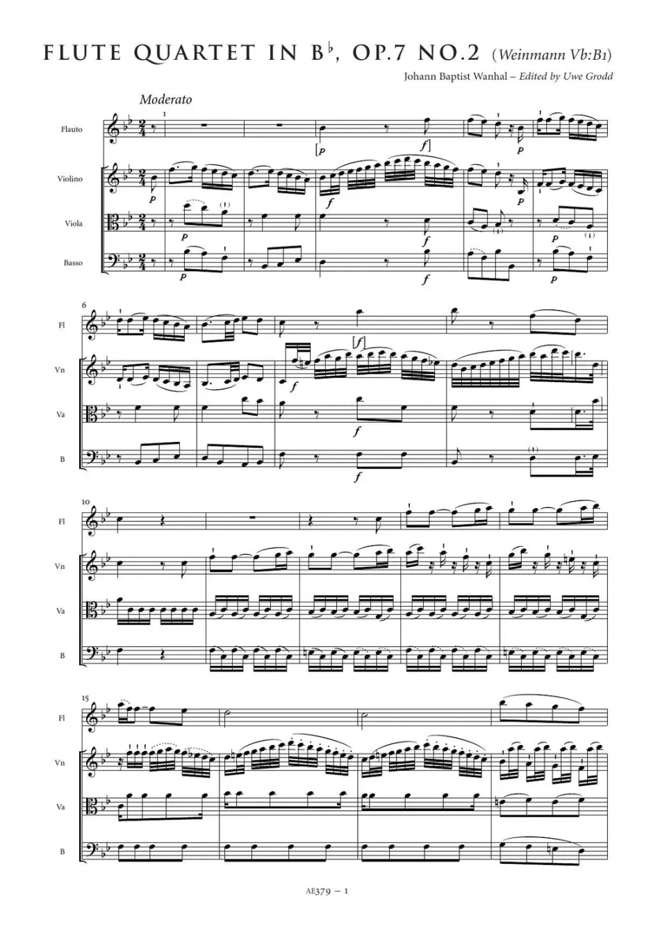 Artaria Flute Quartet in B flat major (Weinmann Vb: Bb1)