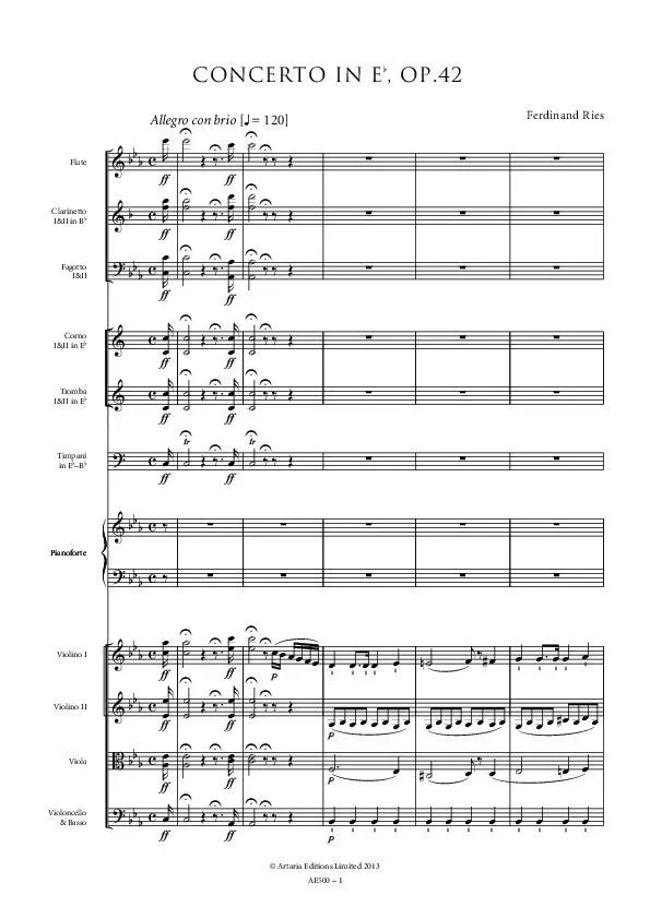 Artaria Ries Piano Concerto No. 2 in E flat, Op. 42 Noten