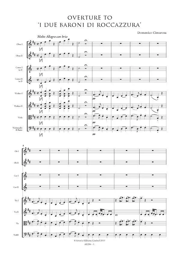 Artaria Cimarosa Ouvertüre I due baroni Partitur