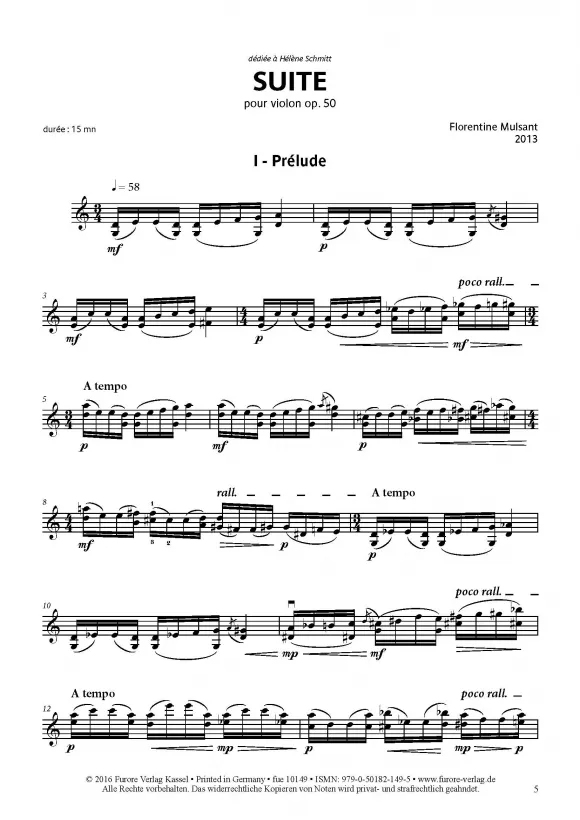 Furore Edition Suite pour violon op. 50 Noten Violine solo