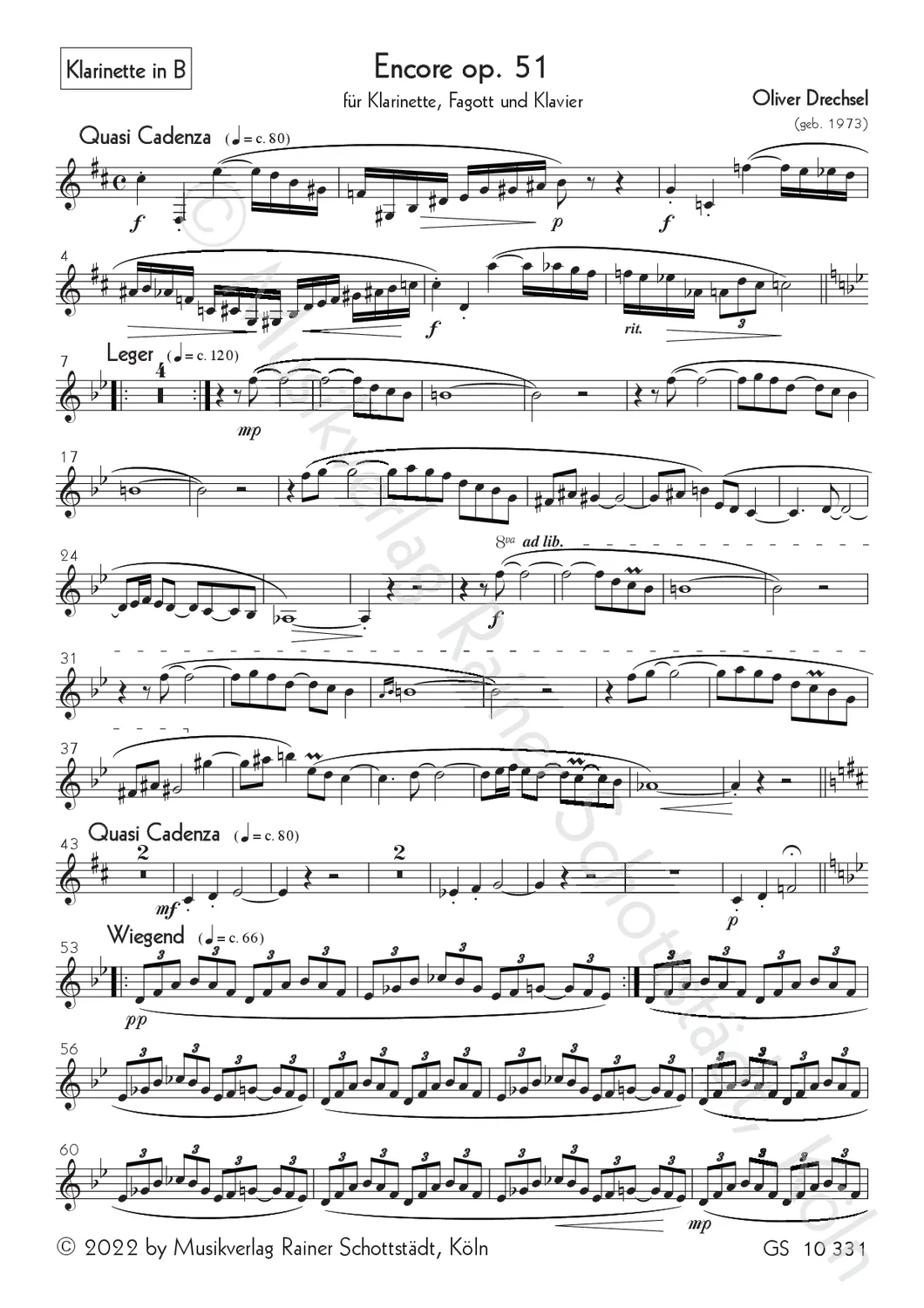 Musikverlag Rainer Schottstädt Encore op. 51 Noten Klarinette Fagott Klavier
