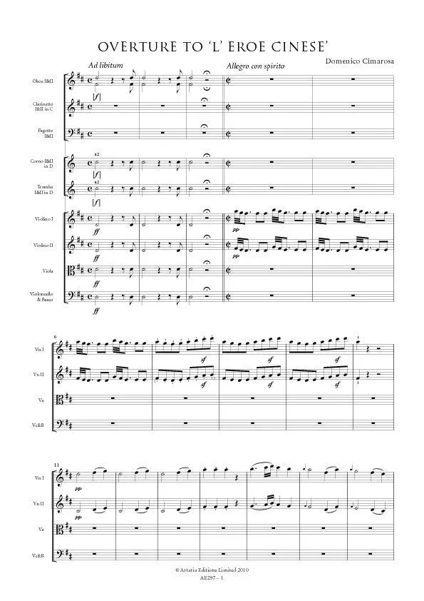 Artaria Cimarosa Overture to 'L'eroe cinese' Partitur
