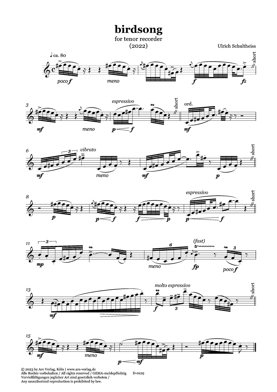 Are Musik Verlag Schultheiss birdsong Noten Tenorblockflöte