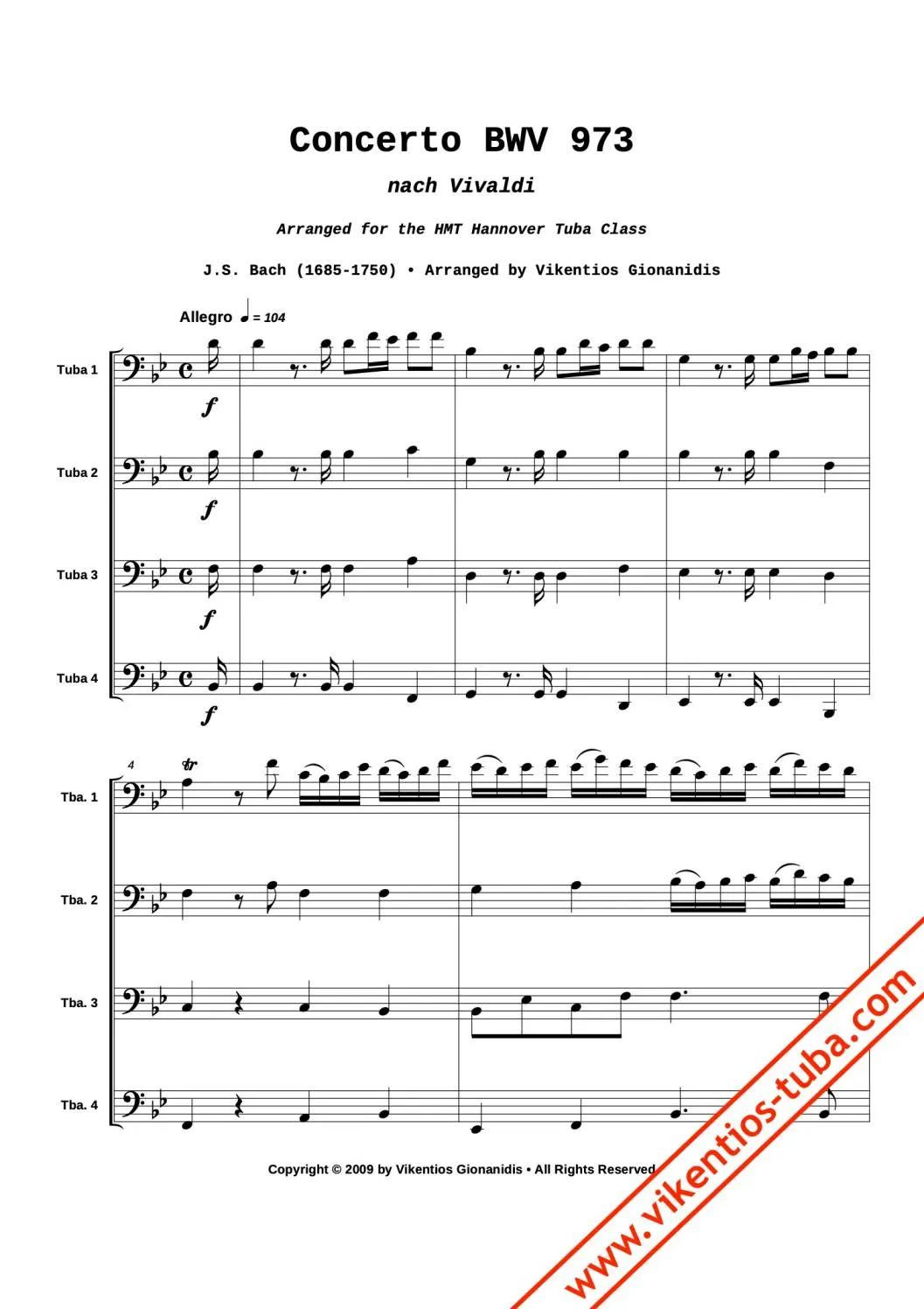 Vikentios Gionanidis Concerto BWV 972 Noten für Tubaquartett