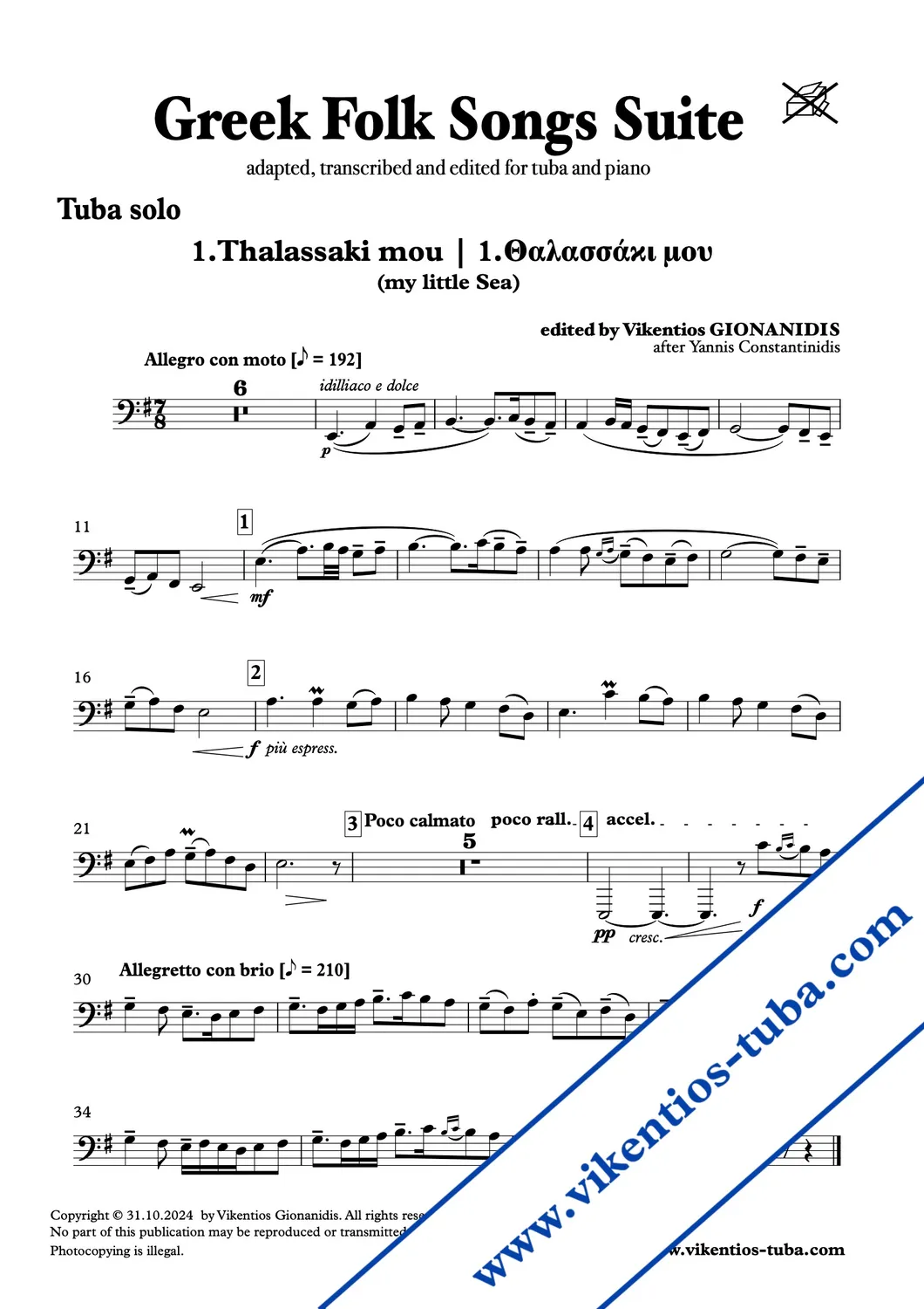 Vikentios Gionanidis Greek Folk Songs Suite Noten für Tuba und Klavier