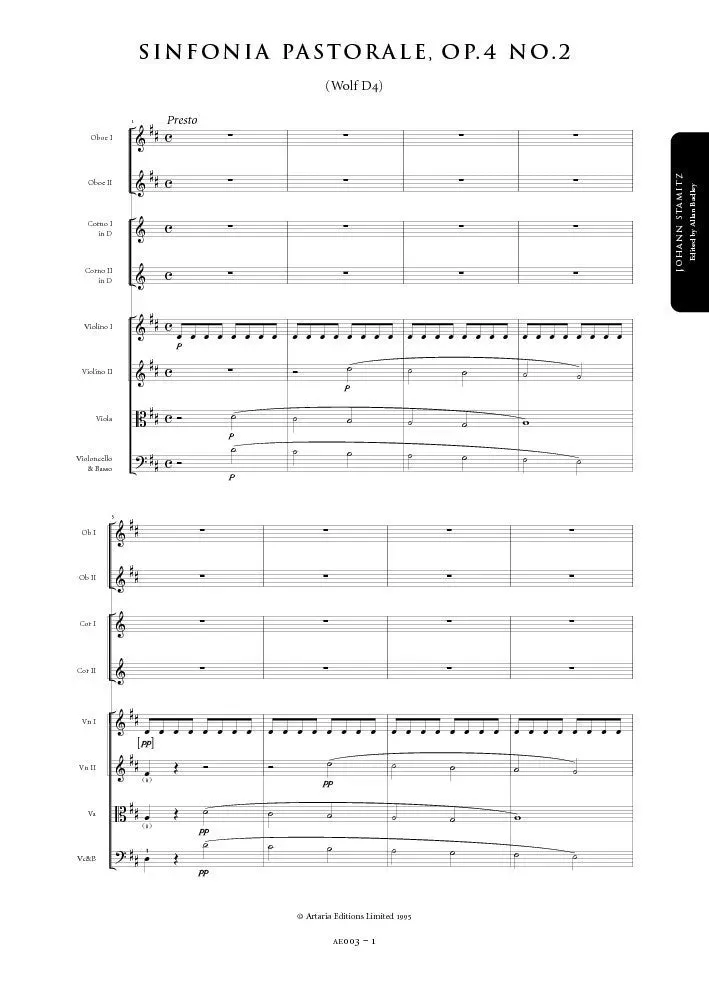 Artaria Stamitz Sinfonia Pastorale D-Dur Op.4 Nr.2 Notenausgabe