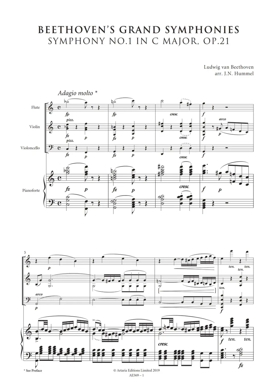 Artaria Beethoven's Symphony No.1 in C, Op.21 AE569 Klaviertrio-Noten