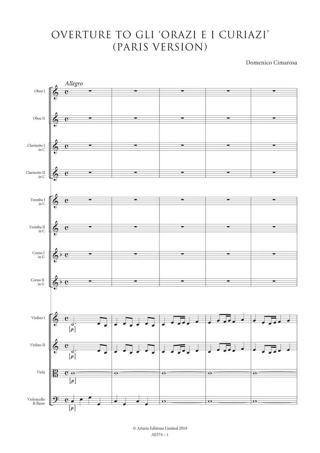 Artaria Cimarosa Overture to 'Gli Orazi e i Curiazi' Partitur