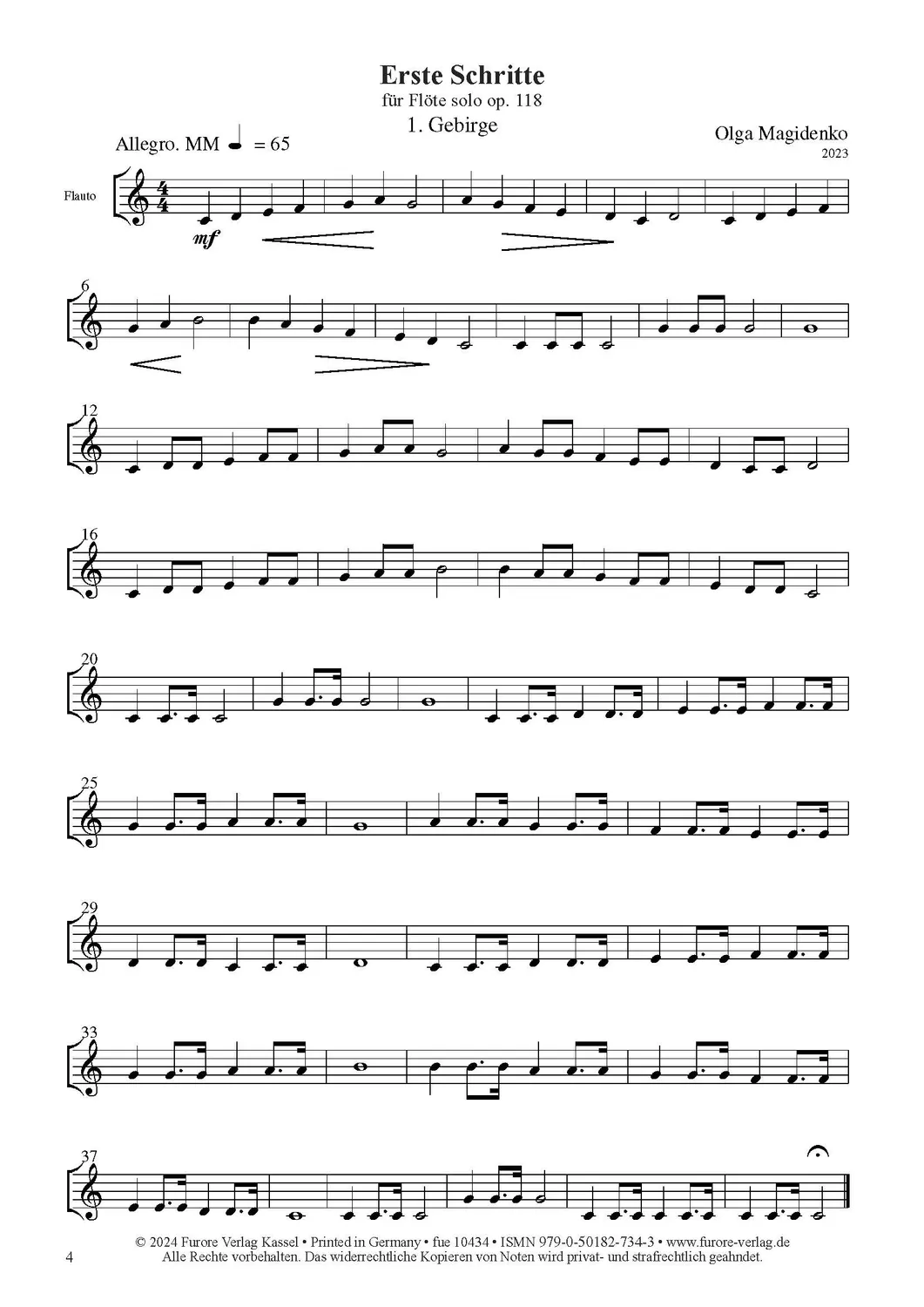 Furore Edition Erste Schritte op. 118 für Flöte solo Flötennoten
