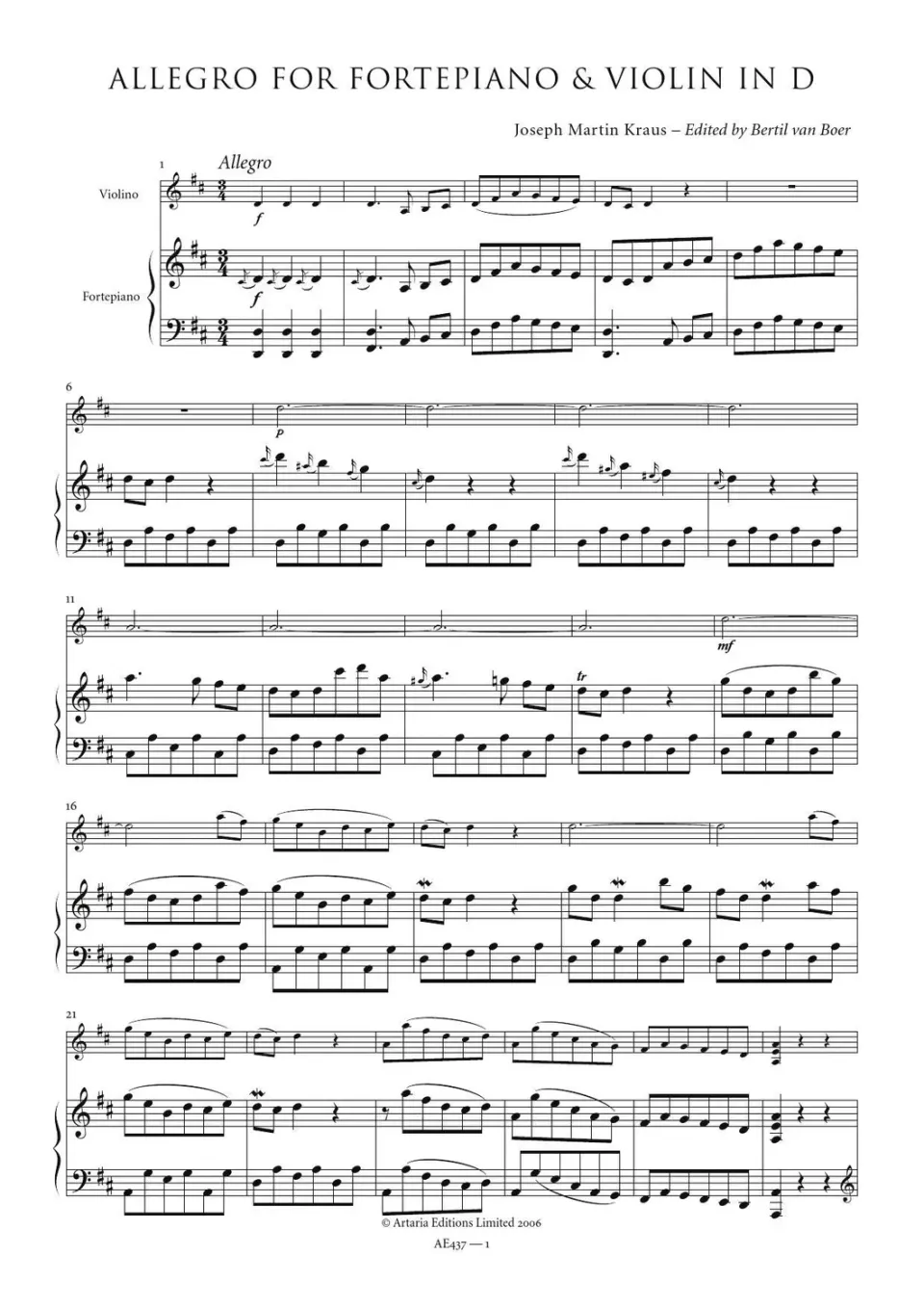 Artaria Allegro for Fortepiano & Violin in D VB 163 AE437 Noten