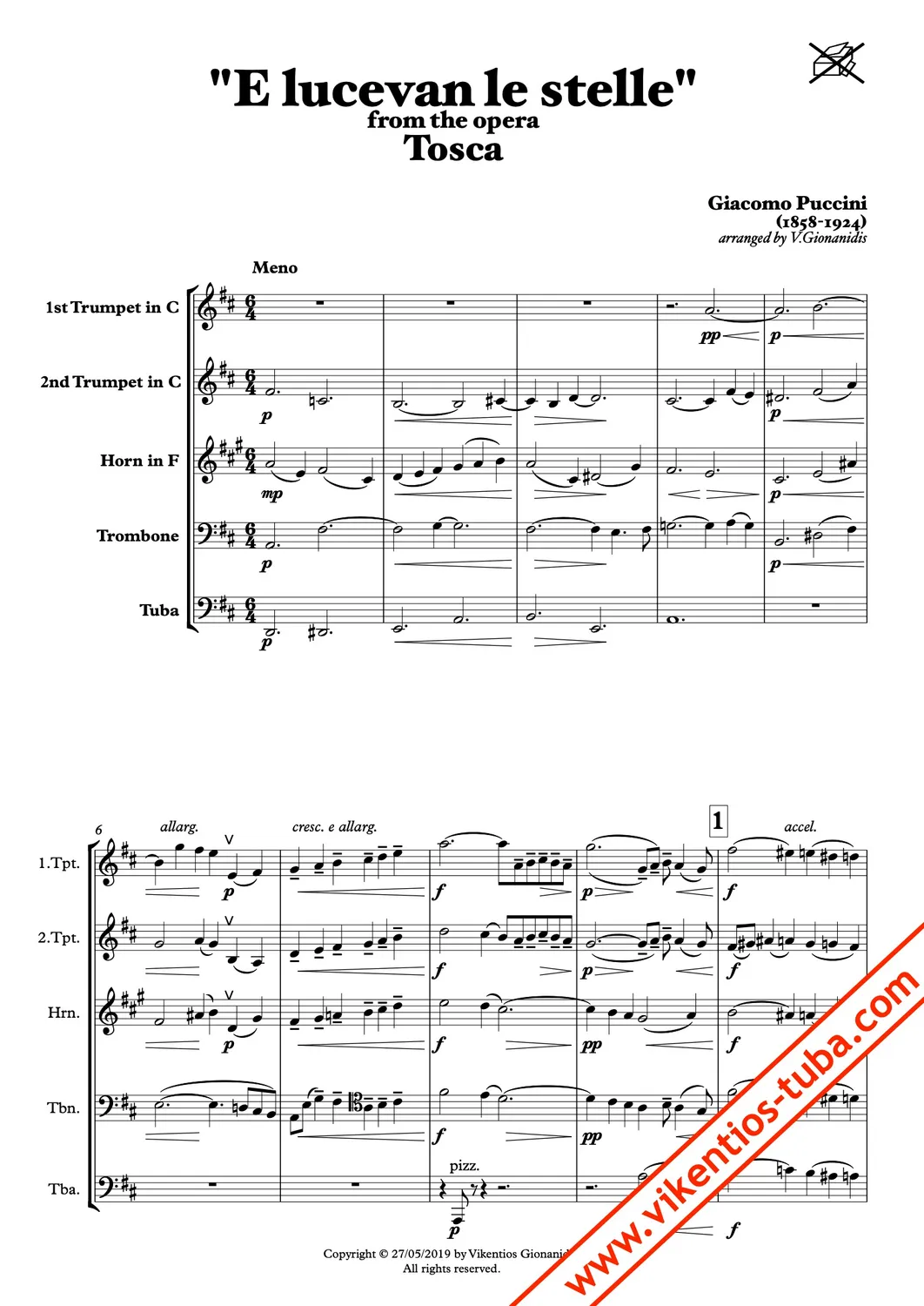 Vikentios Gionanidis „E lucevan le Stelle“ Noten für Blechbläserquintett