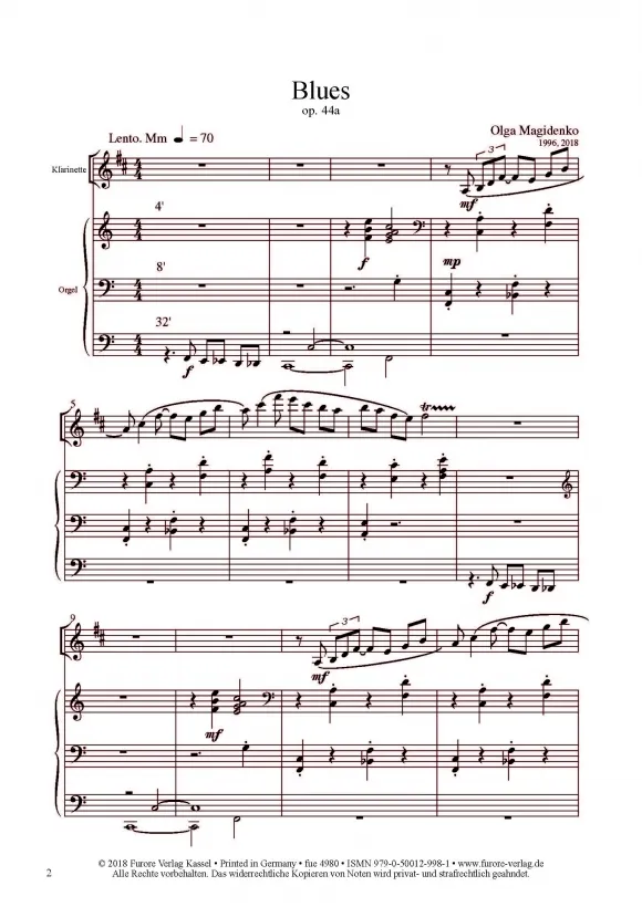 Furore Edition Blues op.44a Dear Heidelberg op.45 Noten Klarinette Orgel