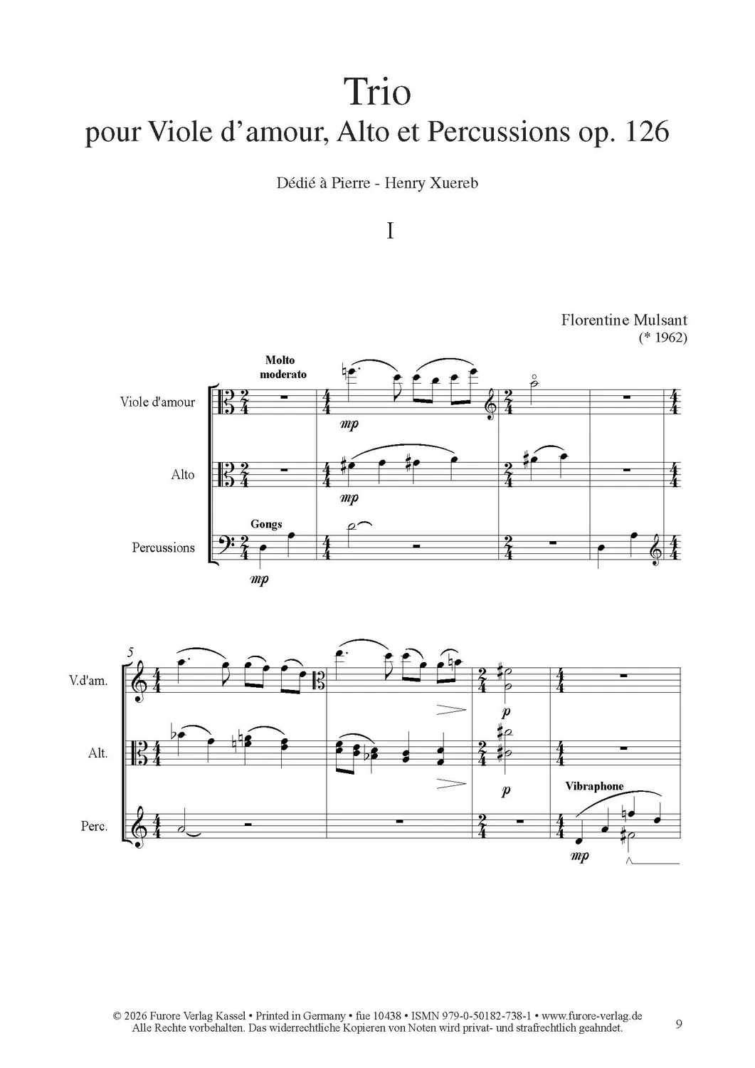 Furore Edition Trio for Viola d’amore, Viola and Percussion, Op. 126 Noten