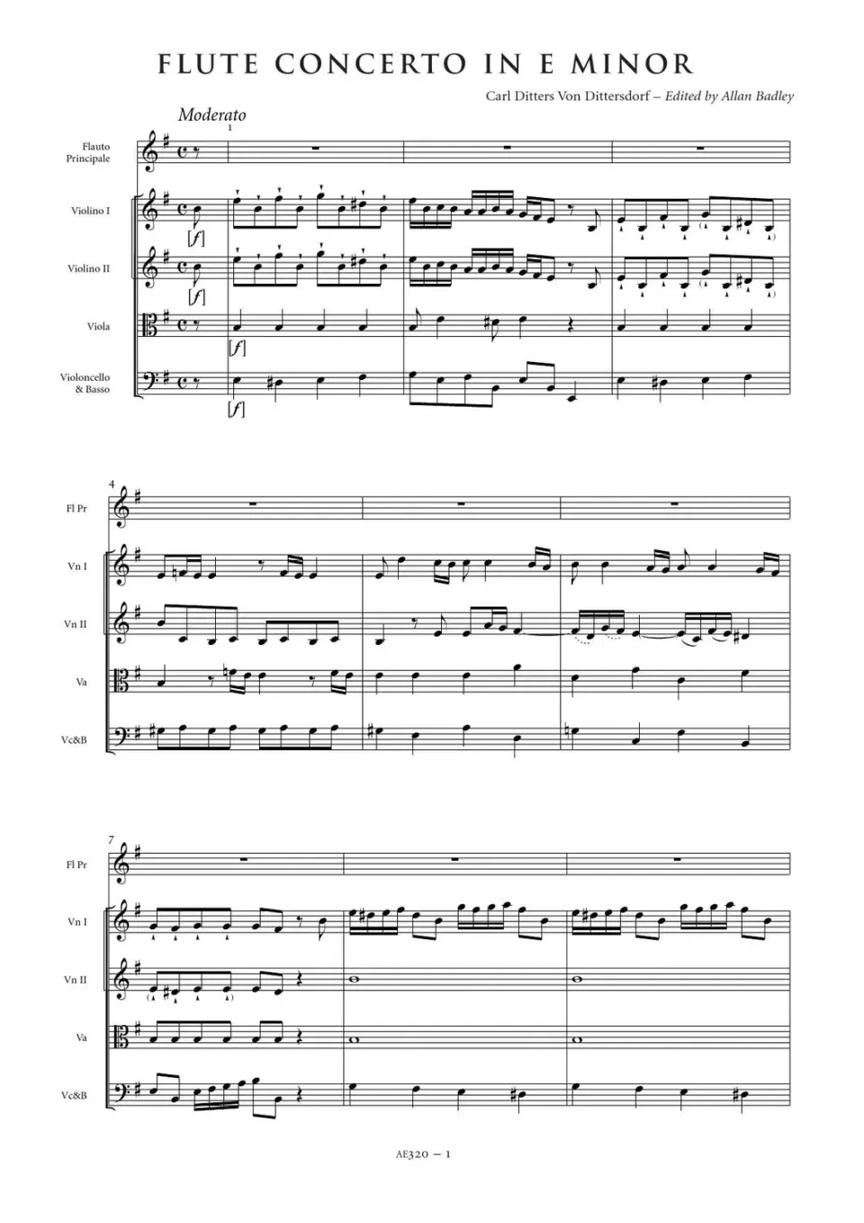 Artaria AE320 Dittersdorf Flötenkonzert e-Moll Partitur