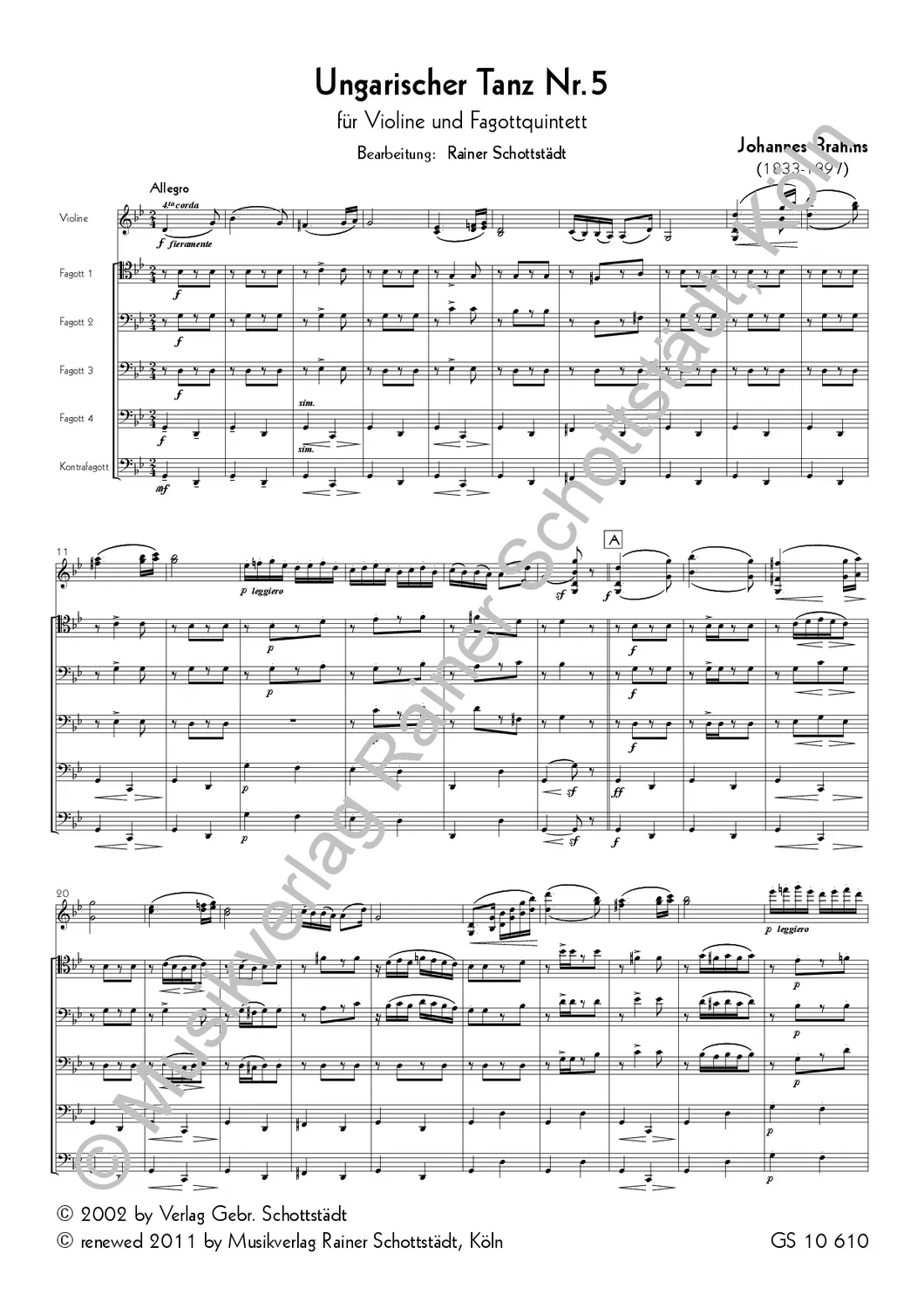Musikverlag Rainer Schottstädt Ungarische Tänze 5 und 6 Noten für Violine und Fagottquartett
