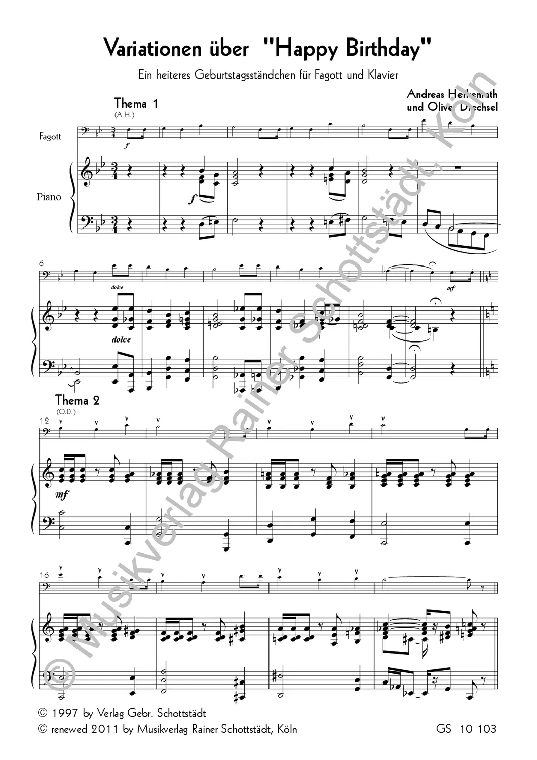 Musikverlag Rainer Schottstädt Happy-Birthday-Variationen Noten Fagott Klavier
