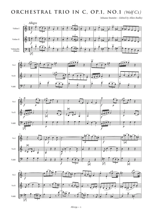 Artaria Stamitz Orchestral Trio in C major Op. 1 No. 1
