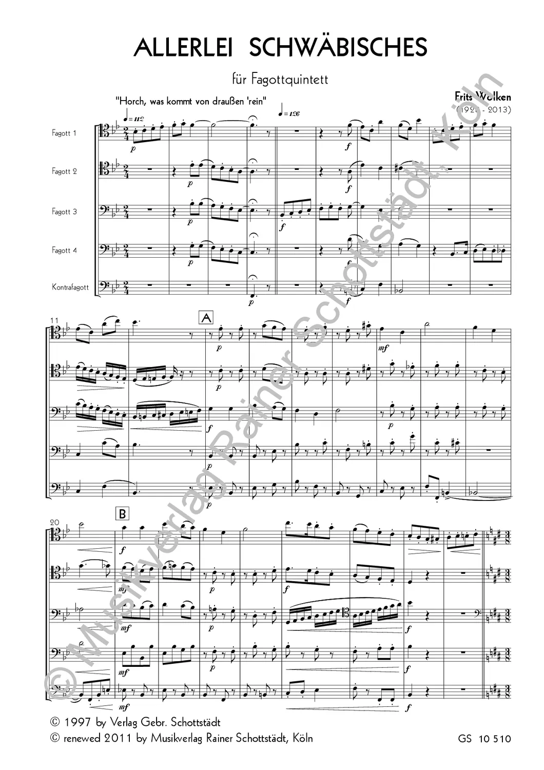 Musikverlag Rainer Schottstädt Allerlei Schwäbisches Noten für Fagottquartett