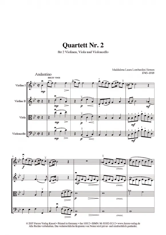Furore Edition String Quartet No.2 B-Dur Partitur Stimmen