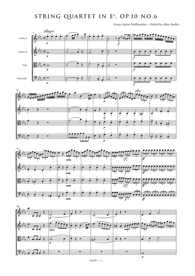 Artaria Hoffmeister Streichquartett Es-Dur op. 10 Nr. 6 AE276 Noten