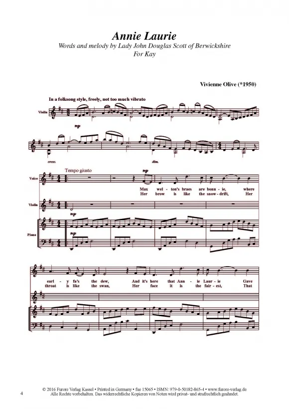Furore Edition Annie Laurie Lied für Mezzosopran, Violine oder Flöte und Klavier