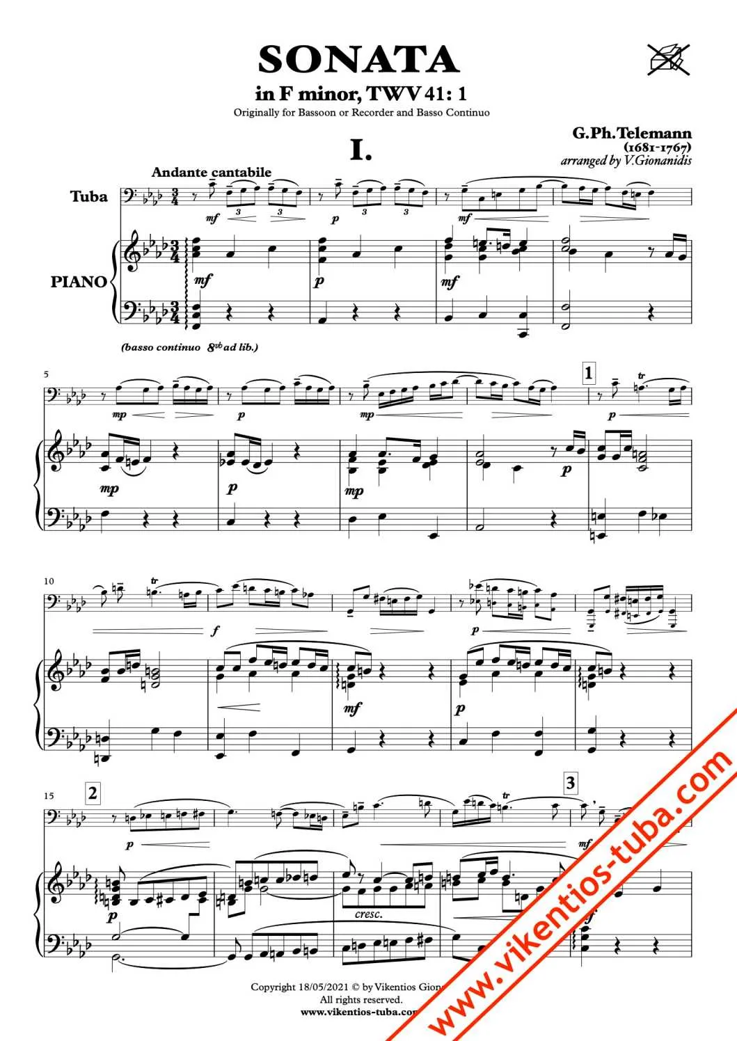 Vikentios Gionanidis Sonata in F minor TWV 41:1 Noten Tuba und Klavier