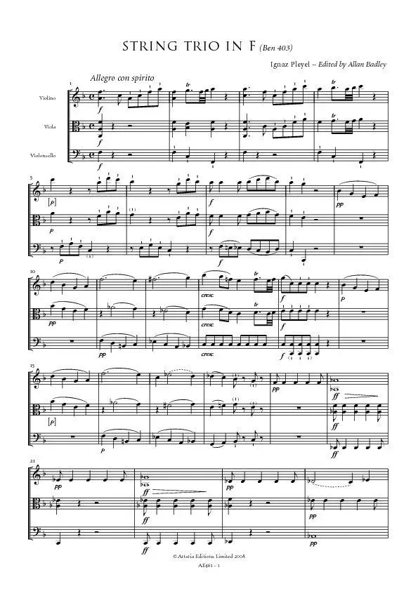 Artaria Pleyel Streichtrio F-Dur Benton 403 Noten