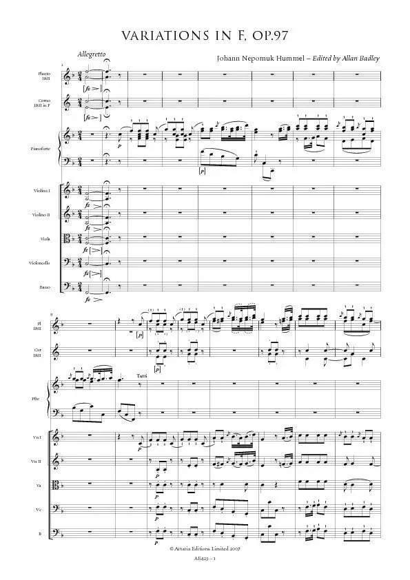 Artaria Hummel Variation F-Dur Op. 97 Klavier Orchester