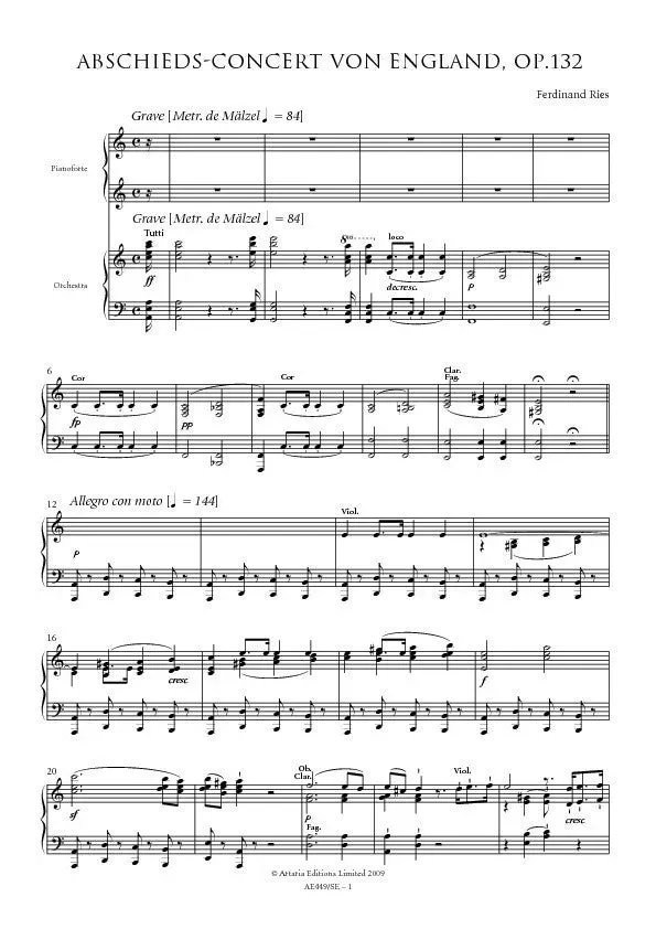 Artaria Ries, Ferdinand Piano Concerto No. 7 in A minor, Op.132; Abschieds-Concert von England