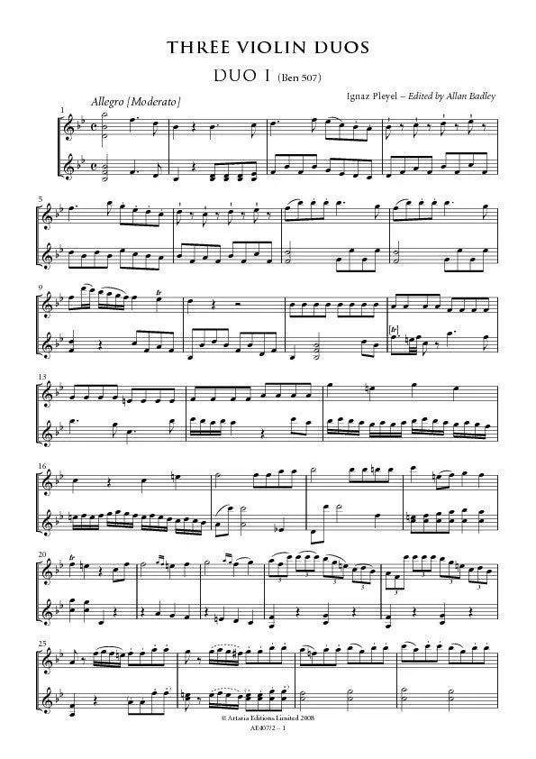Artaria Pleyel Drei Violinduos Benton 507 511 512 Noten