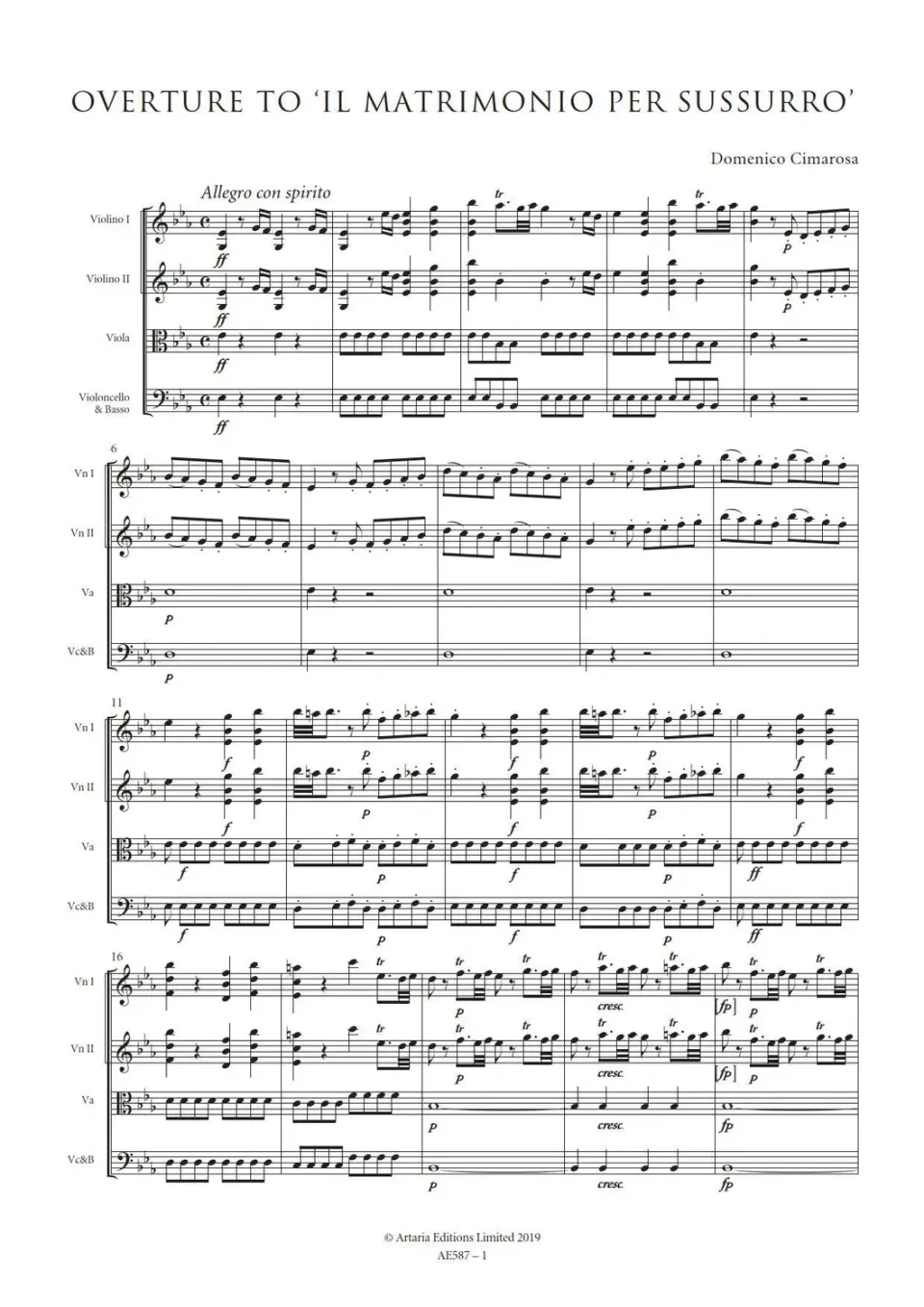 Artaria Cimarosa Ouvertüre Matrimonio sussurro Partitur