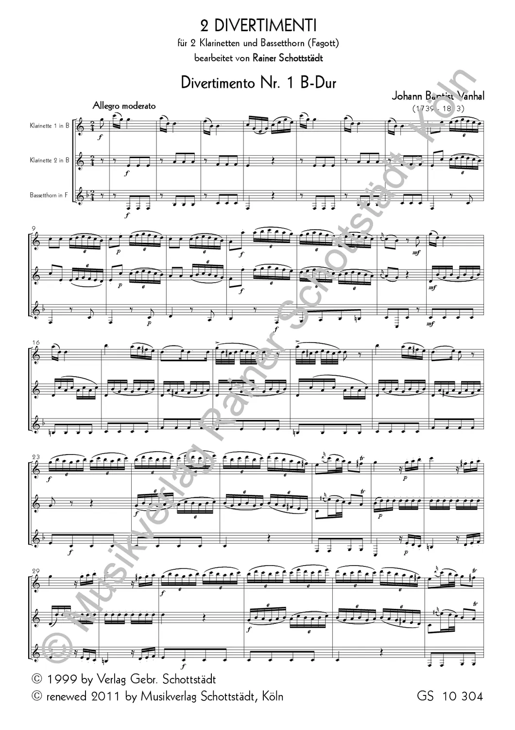 Musikverlag Rainer Schottstädt 2 Divertimenti B-dur C-dur Noten Bläser