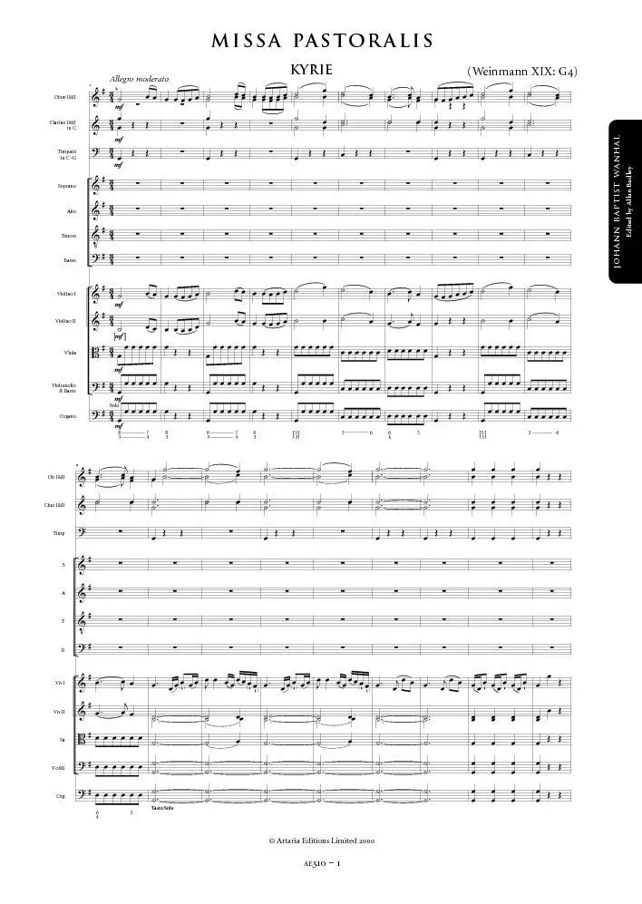 Artaria Wanhal Missa G-Dur Pastoralmesse Chorpartitur