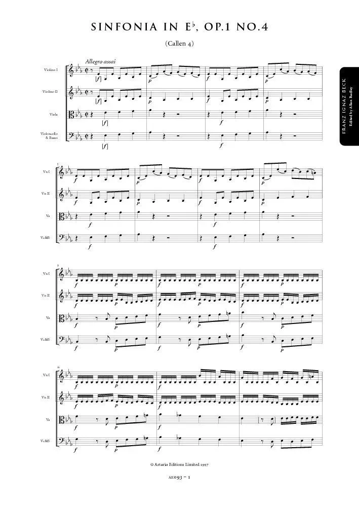 Artaria Beck Sinfonie Es-Dur Op.1 Nr.4 Partitur für Streicher