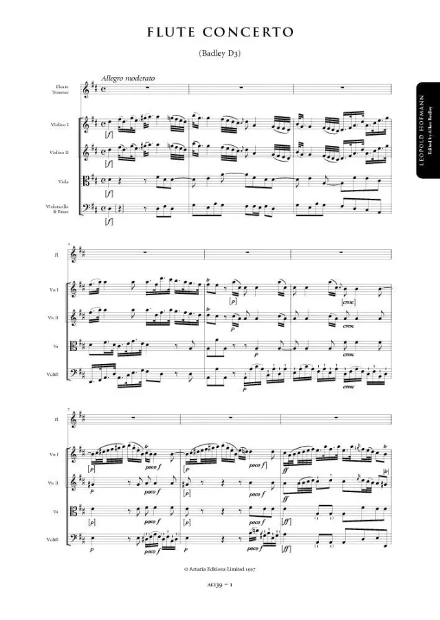 Artaria Hofmann Flute Concerto in D major (Badley D3) Partitur