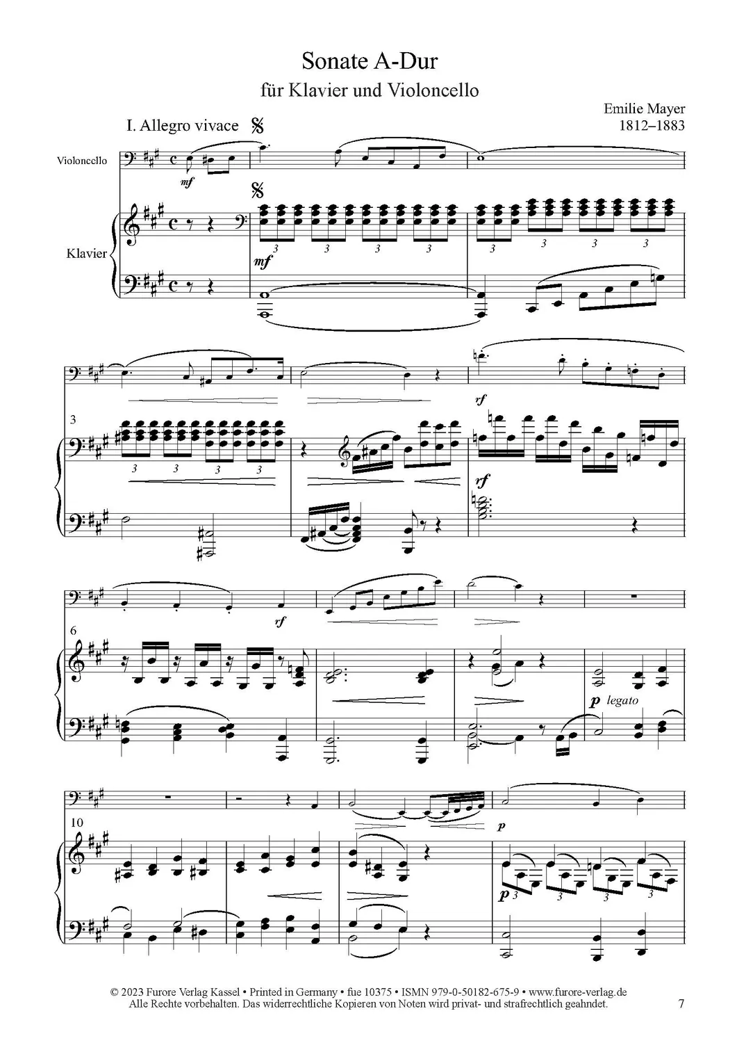 Furore Edition Mayer Sonate A-Dur Violoncello Klavier Noten