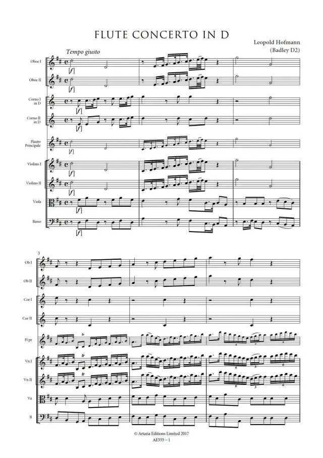 Artaria Flute Concerto in D major Badley D2 AE555