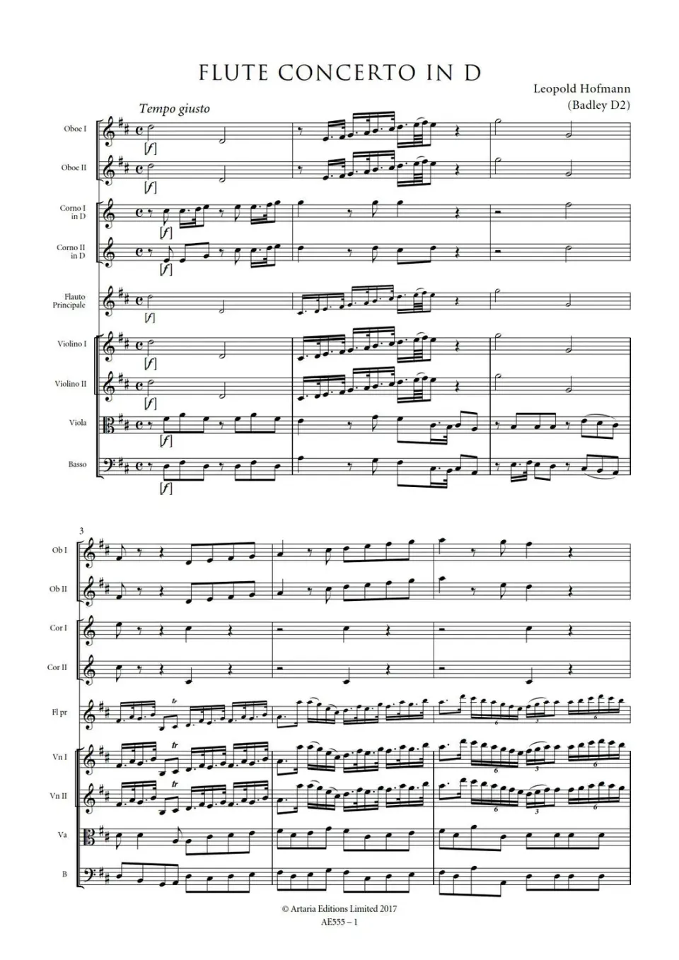 Artaria Flute Concerto in D major Badley D2 AE555