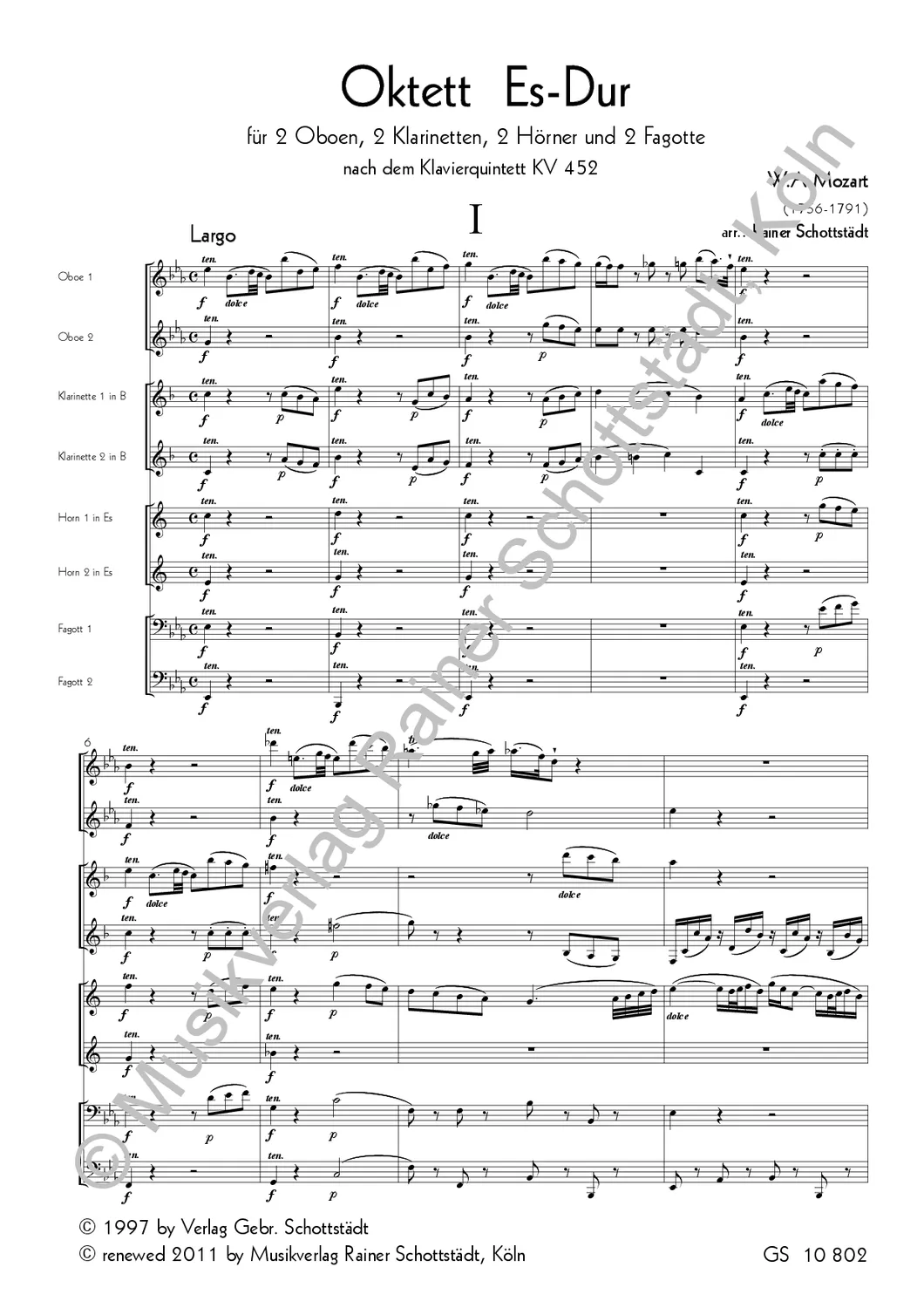 Musikverlag Rainer Schottstädt Oktett Es-Dur KV452 Noten Bläseroktett