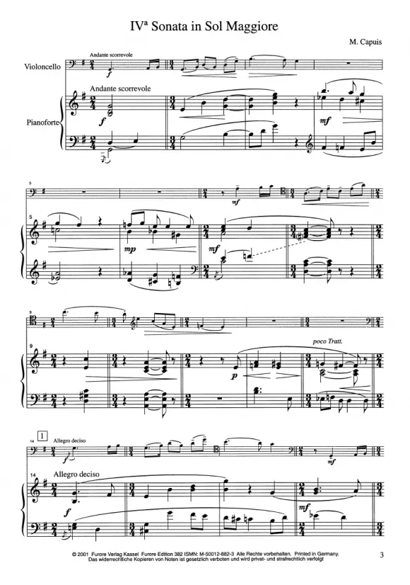 Furore Edition IV. Sonate G-Dur Noten Partitur und Stimmen