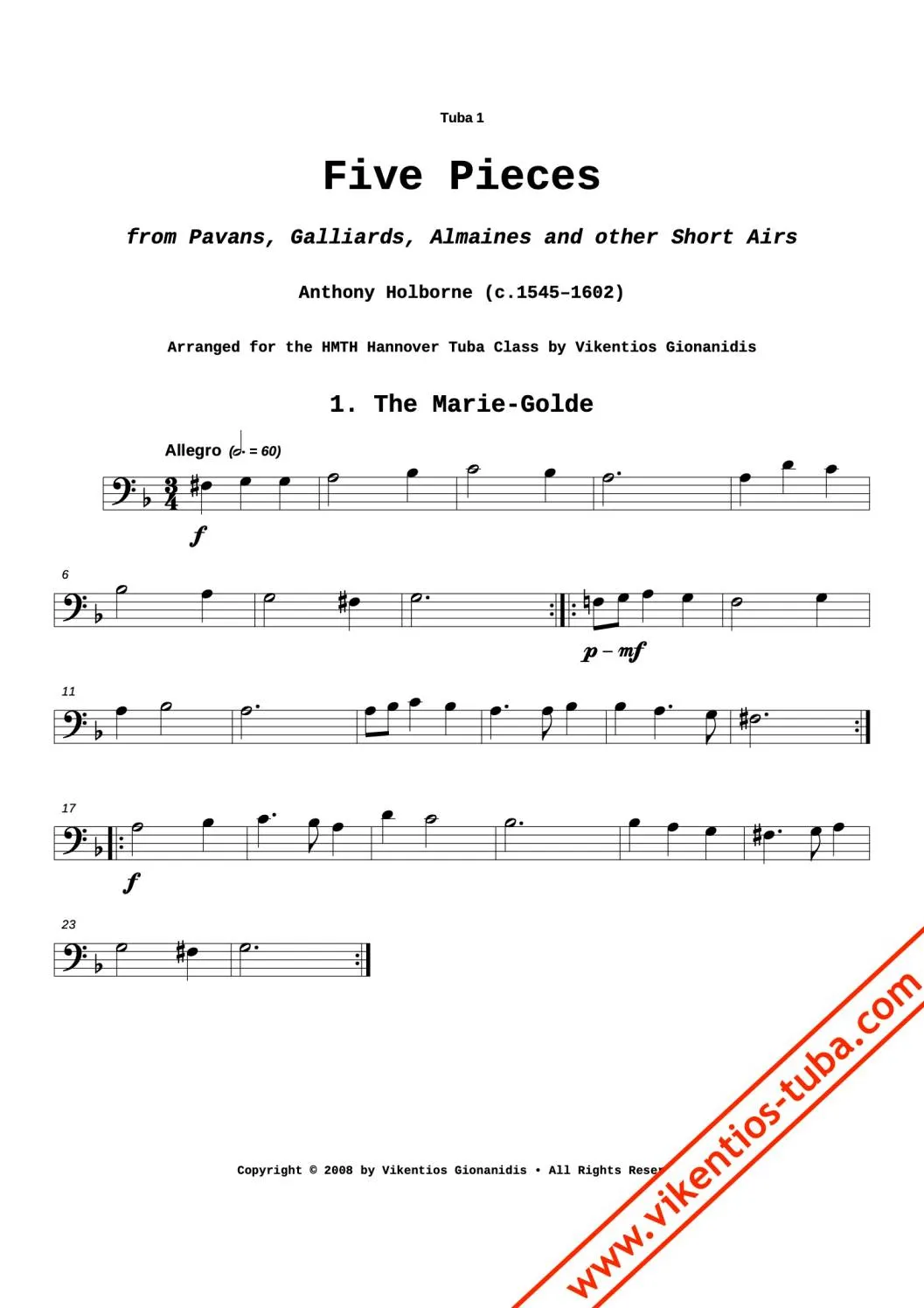 Vikentios Gionanidis Five Pieces Holborne Tubaquartett Noten