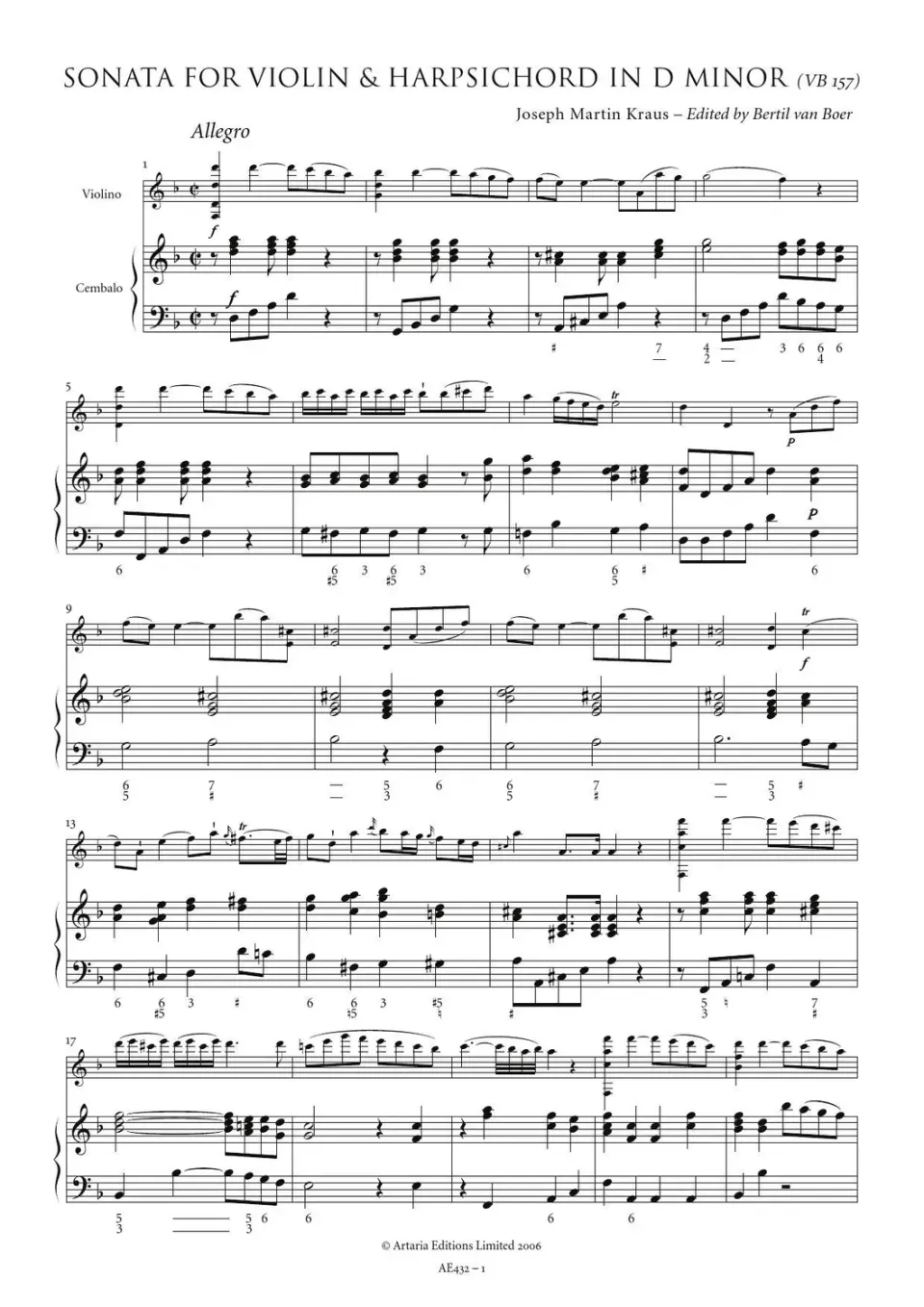 Artaria AE432 Kraus Sonate d-Moll Violine Cembalo Noten