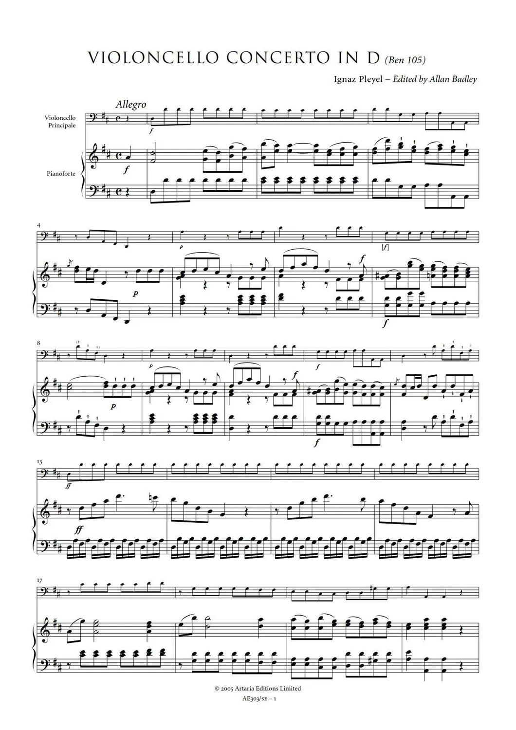 Artaria Pleyel Cellokonzert D-Dur Benton 105 Partitur Cello