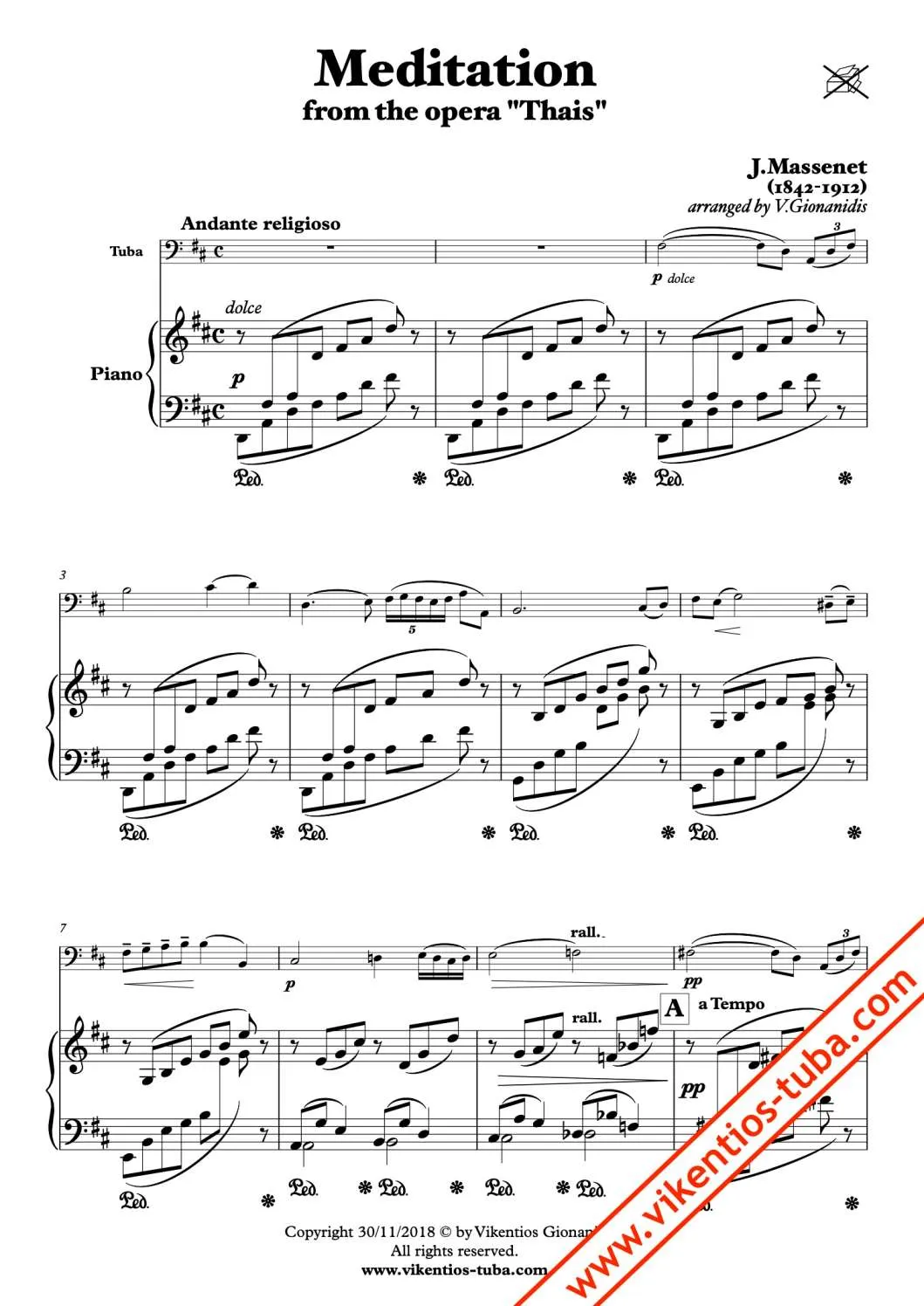 Vikentios Gionanidis Meditation Thaïs Noten für Tuba und Klavier
