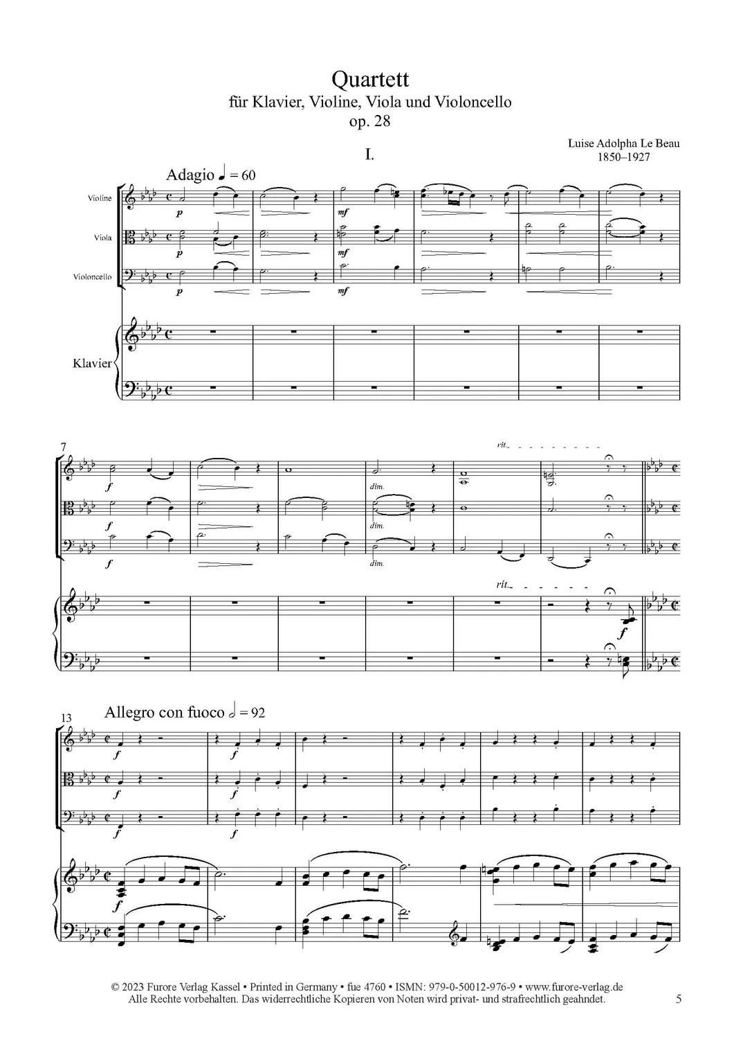 Furore Edition Quartett op. 28 Klavierquartett-Noten