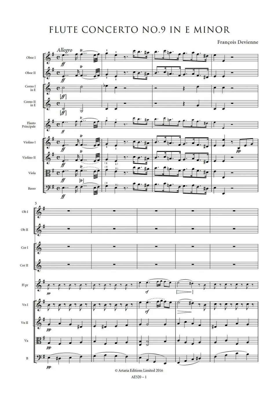 Artaria Devienne Flötenkonzert Nr.9 Noten e-Moll
