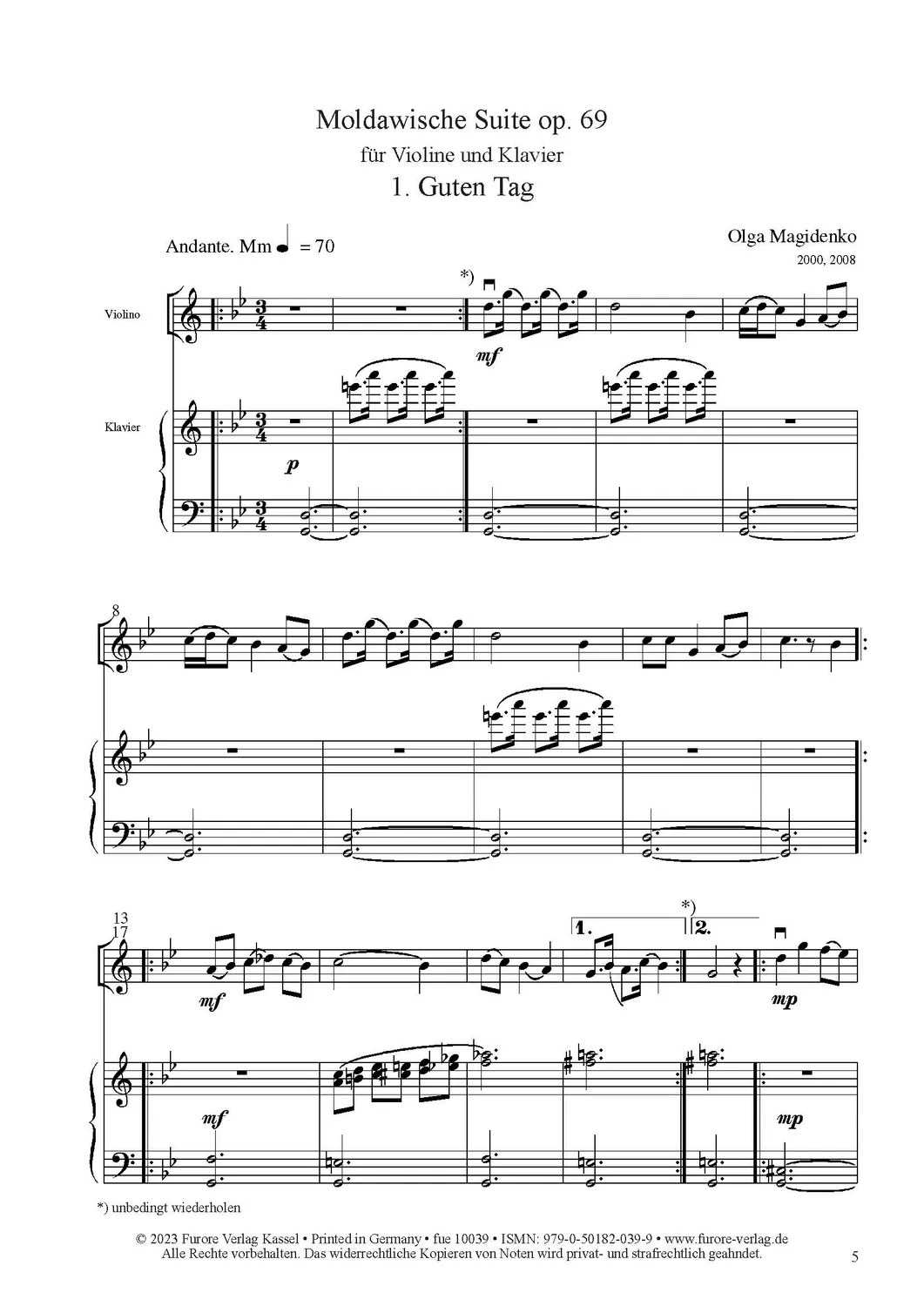 Furore Edition Moldawische Suite op. 69 Noten Violine Klavier